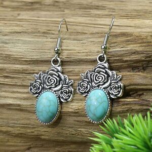 Vintage Style Boho Faux Turquoise Floral Textured Rose Dangle Earrings Fun